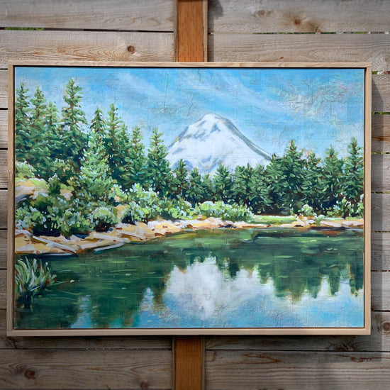 Acrylic Painting of Mount Rainier. Painted on wood panel and features trees, water and a mountain landscape.  