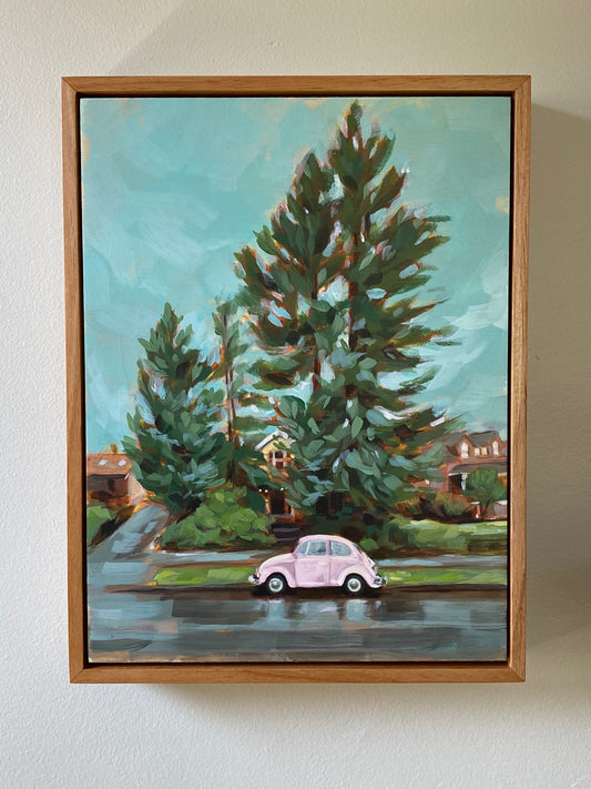 Framed Original Art 9x12 Painting of pink vw beetle in front of trees on a Portland Neighborhood street.