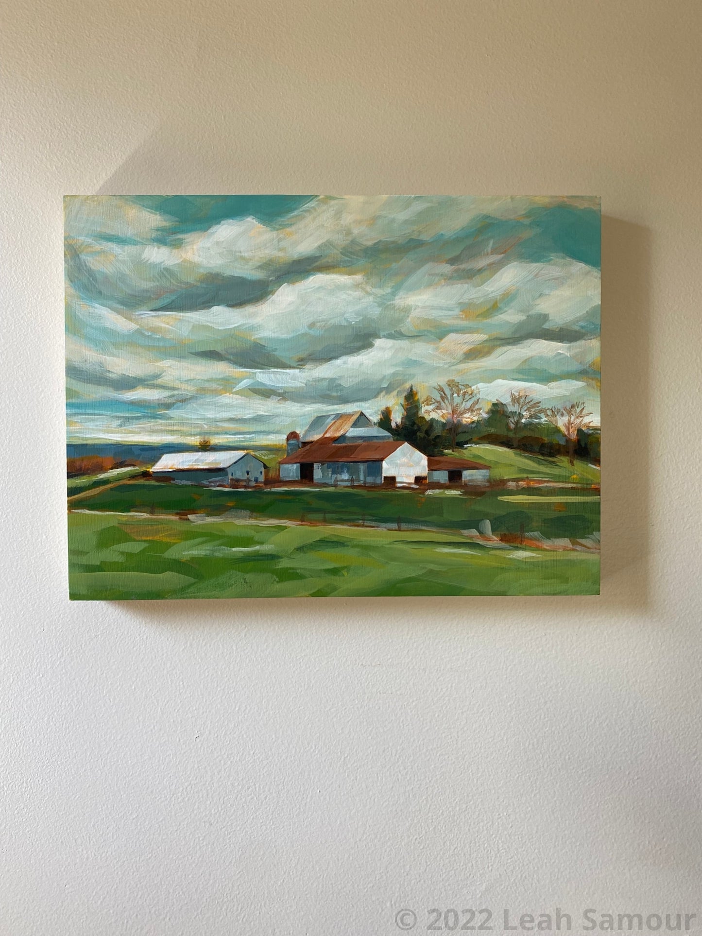 9x12 original framed art for sale featuring a Barn On The Way To Beach Acrylic Painting Wood Panel