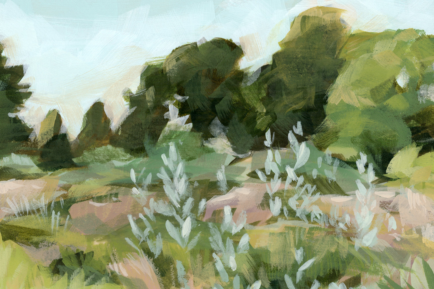 Acrylic landscape painting on wood. Painting of nature trail landscape with dark greens and light neutrals. 