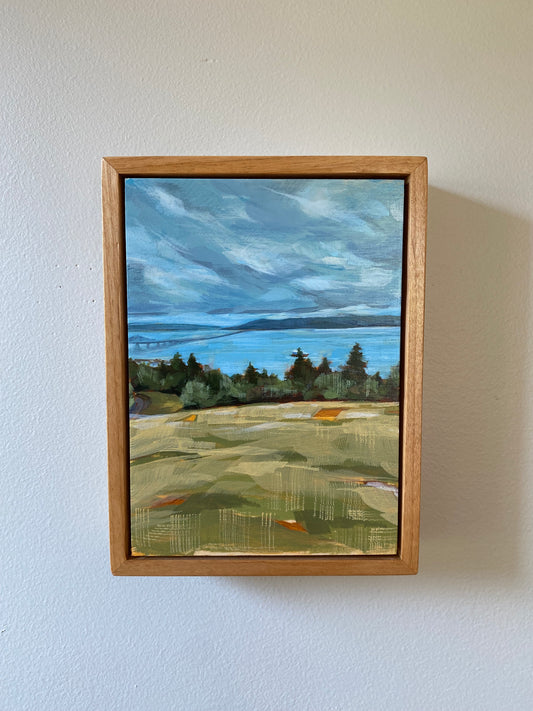 5x7 Original Landscape Art of Astoria. Framed Nature Art featuring trees, water and clouds.