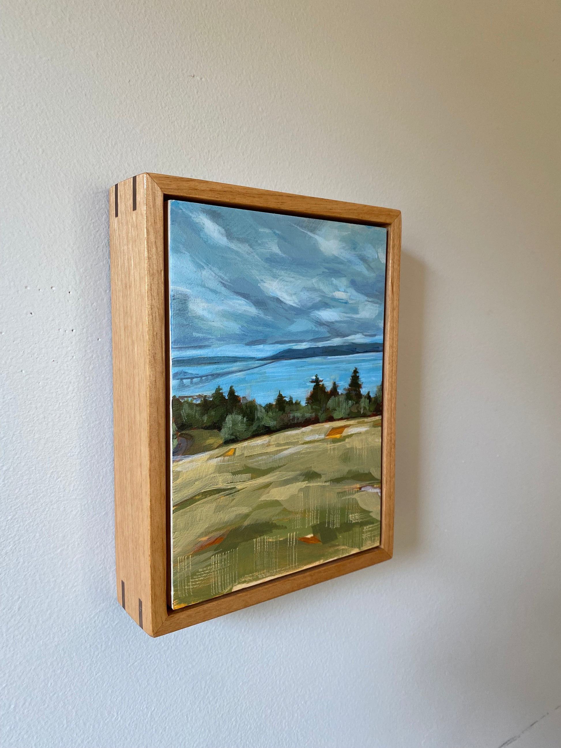 5x7 Original Landscape Art of Astoria. Framed Nature Art featuring trees, water and clouds.