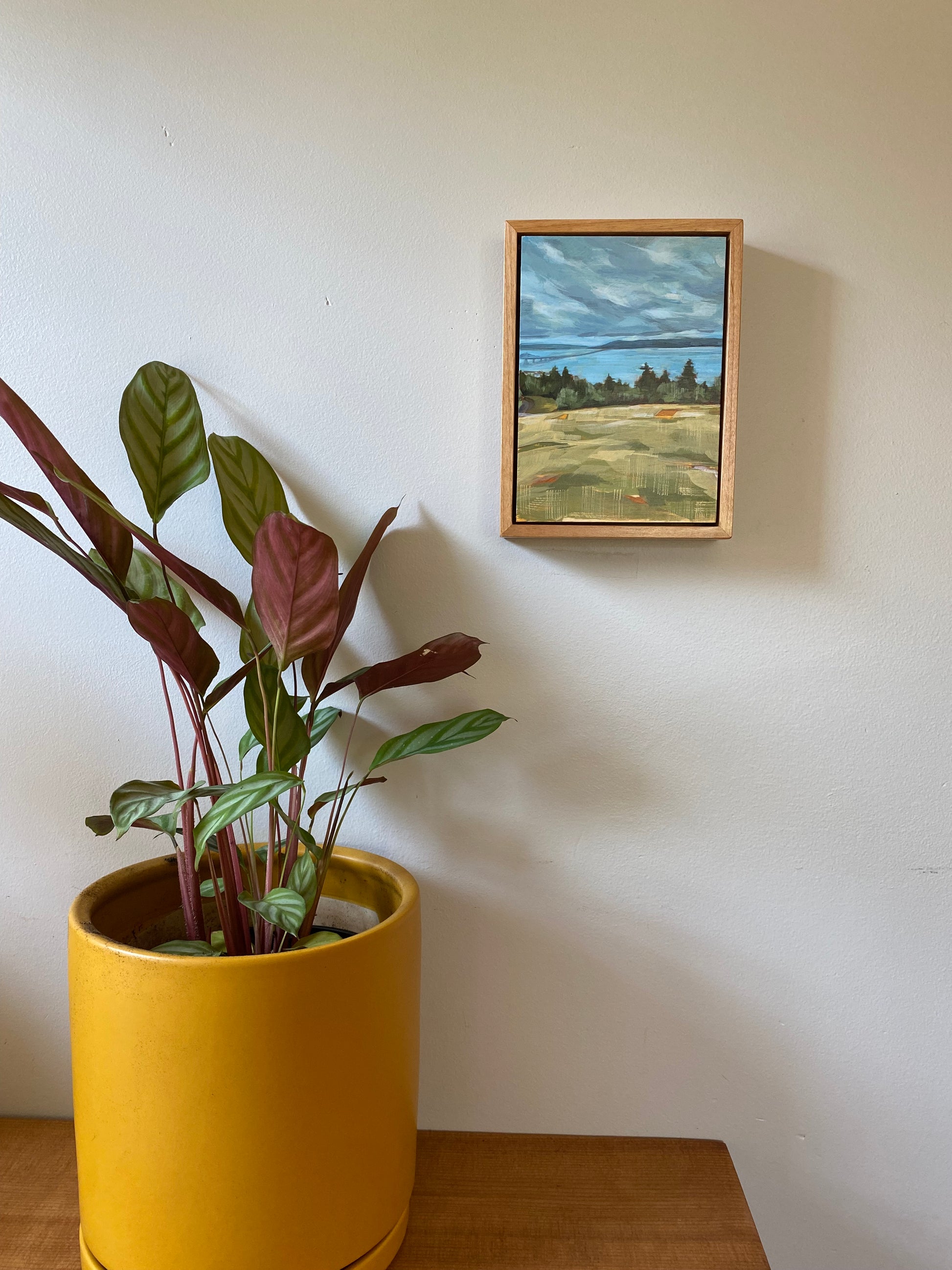 5x7 Original Landscape Art of Astoria. Framed Nature Art featuring trees, water and clouds.