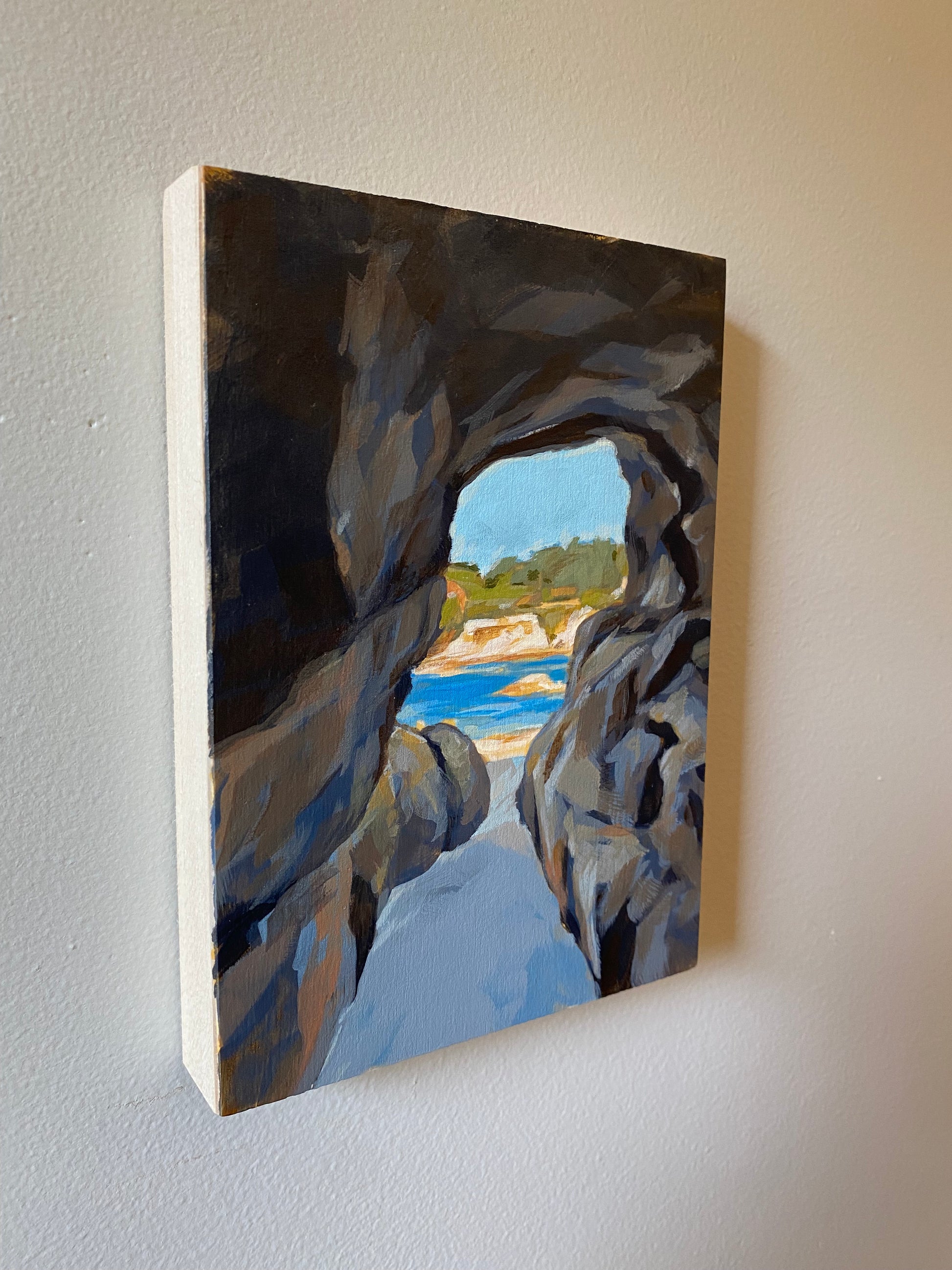 5x7 Original Framed acrylic art on wood of Keyhole view art Otter Rock in Oregon. 