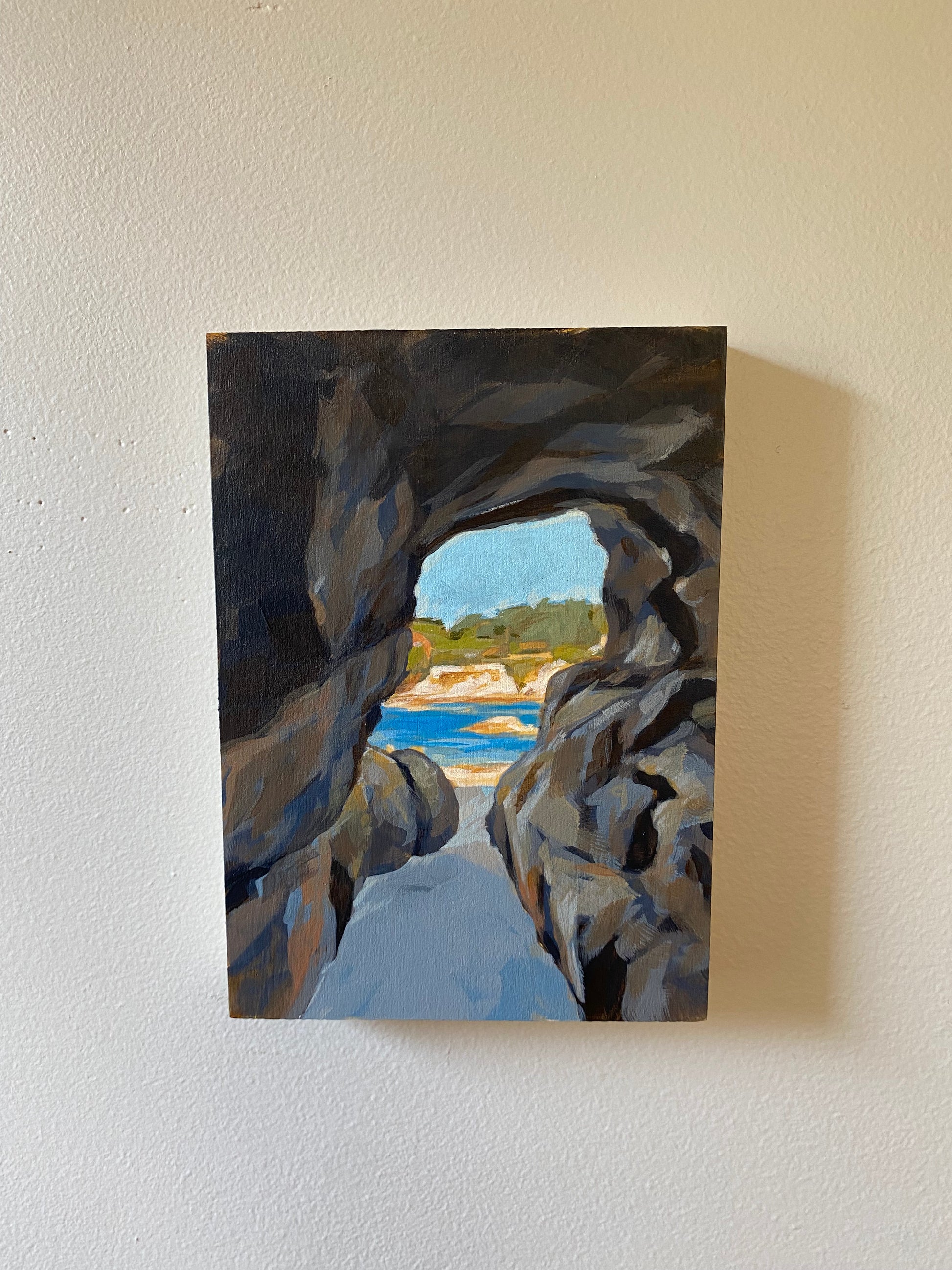 5x7 Original Framed acrylic art on wood of Keyhole view art Otter Rock in Oregon. 