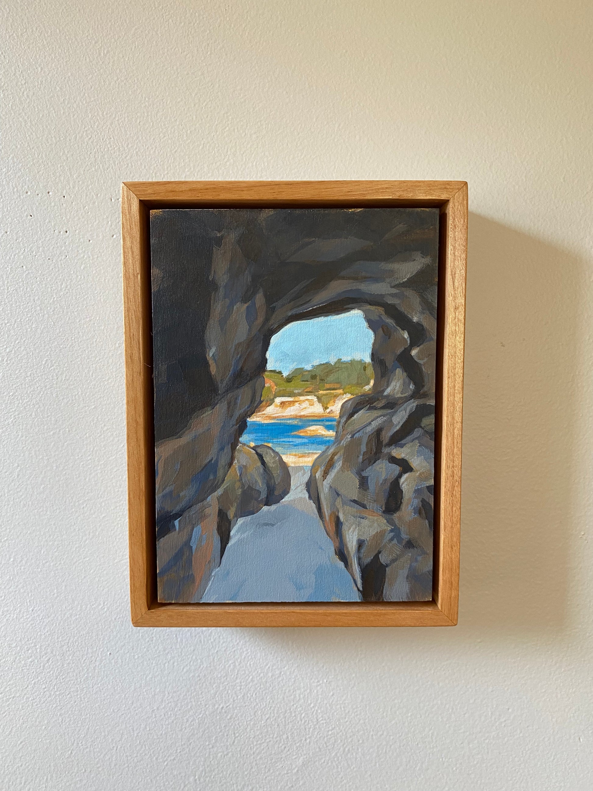 5x7 Original Framed acrylic art on wood of Keyhole view art Otter Rock in Oregon. 