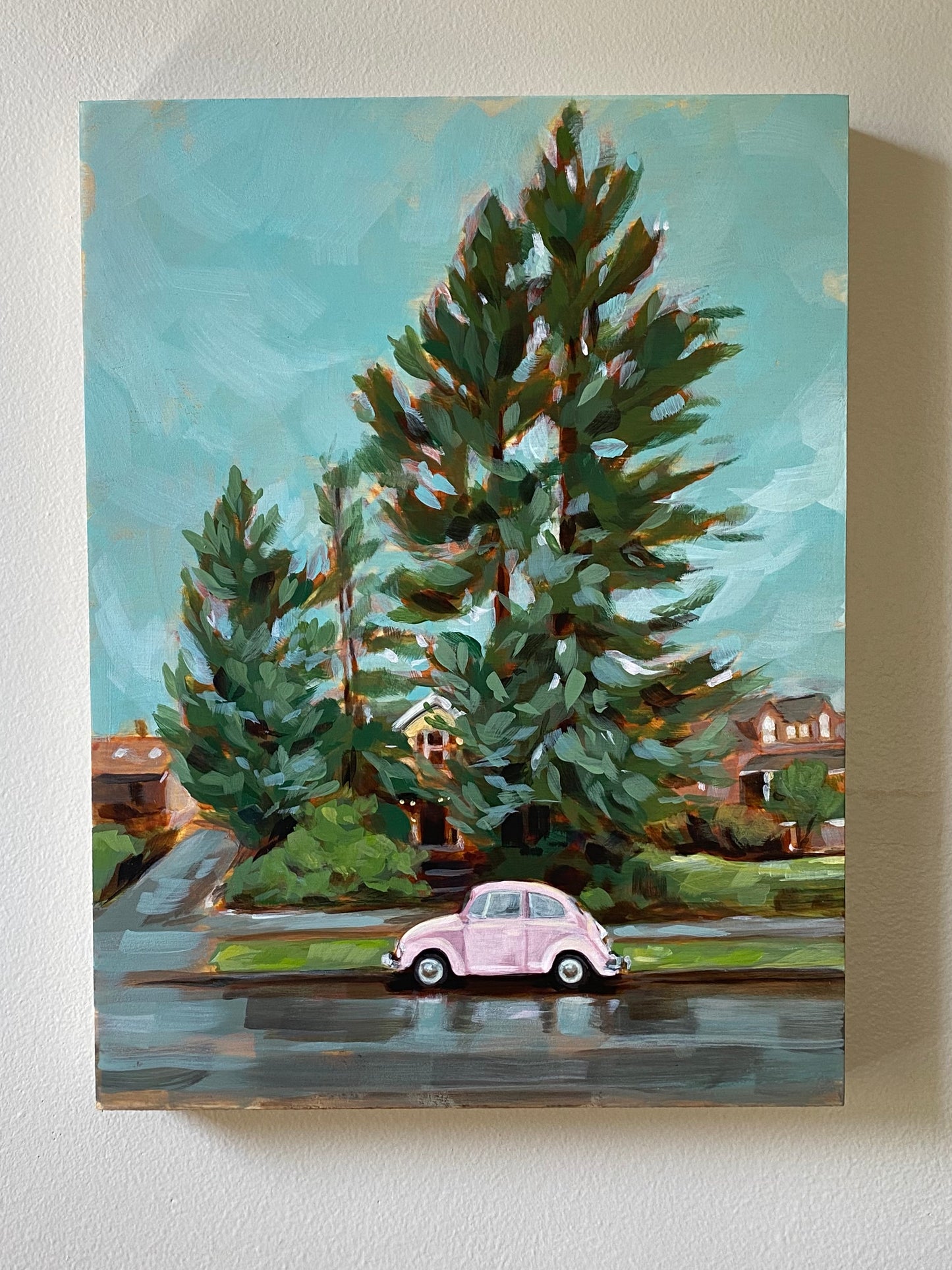 Original 9x12 Painting of pink vw beetle in front of trees on a Portland Neighborhood street.