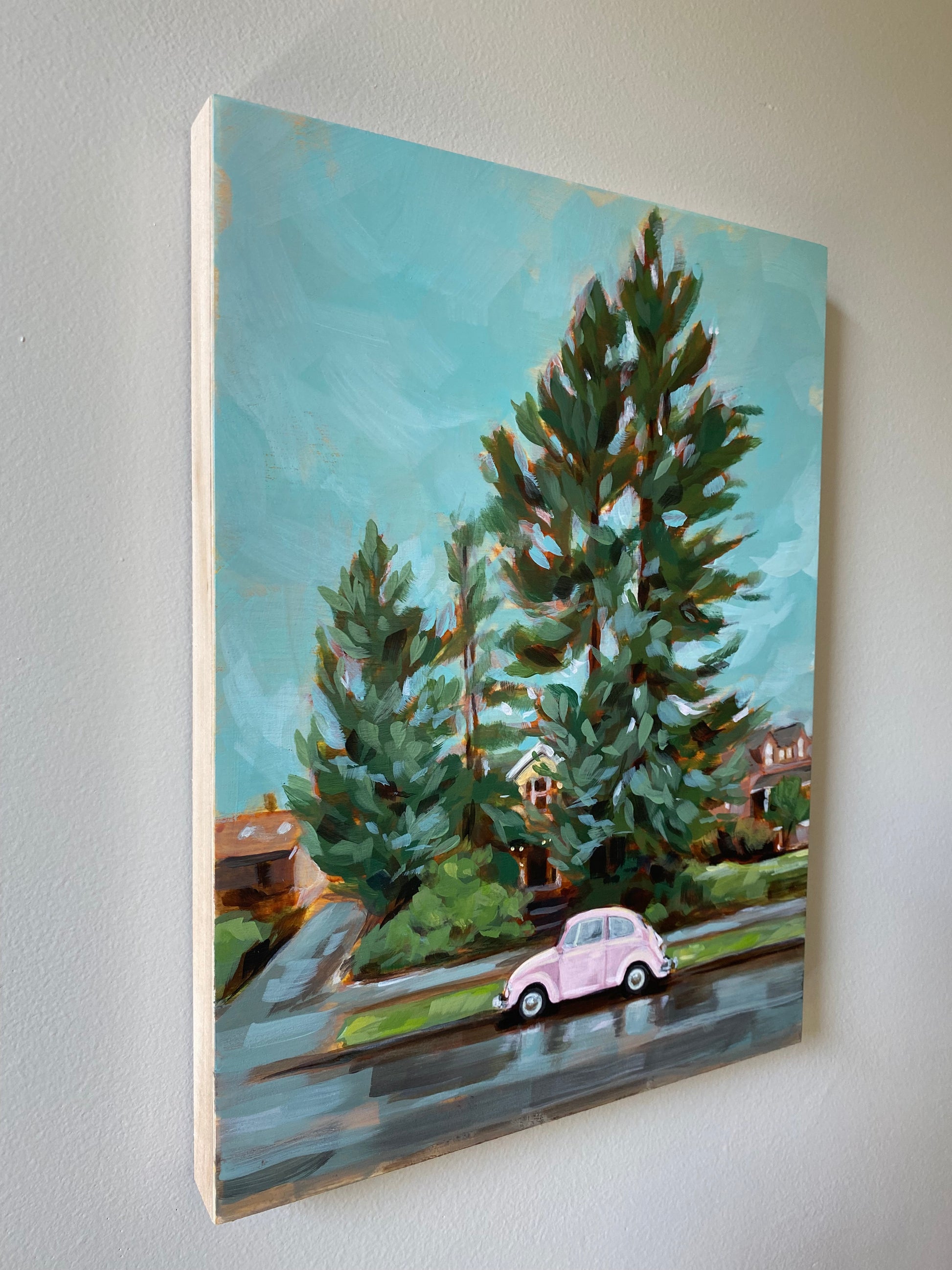 Original Art 9x12 Painting of pink vw beetle in front of trees on a Portland Neighborhood street.