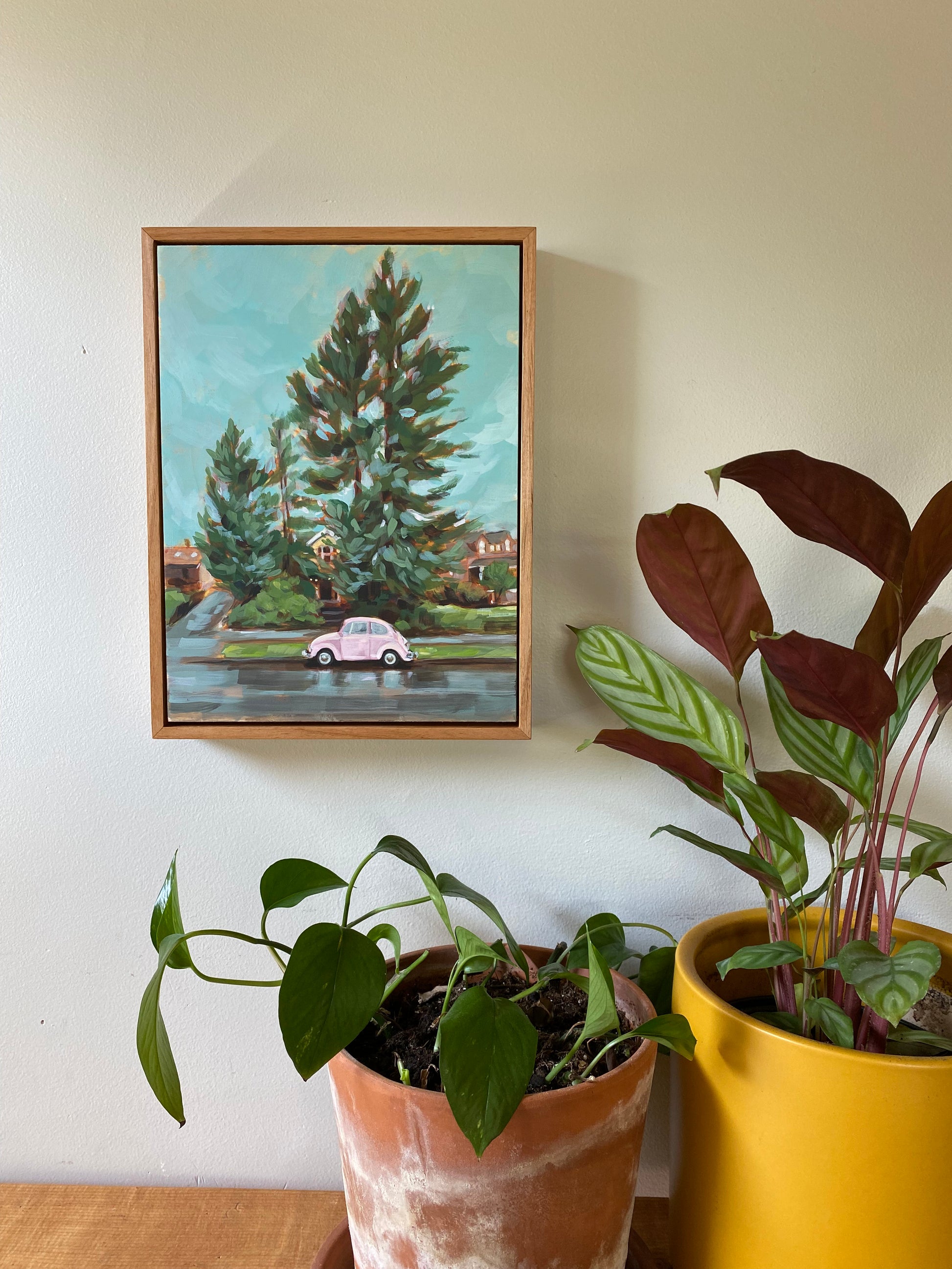 Framed Original Art 9x12 Painting of pink vw beetle in front of trees on a Portland Neighborhood street.