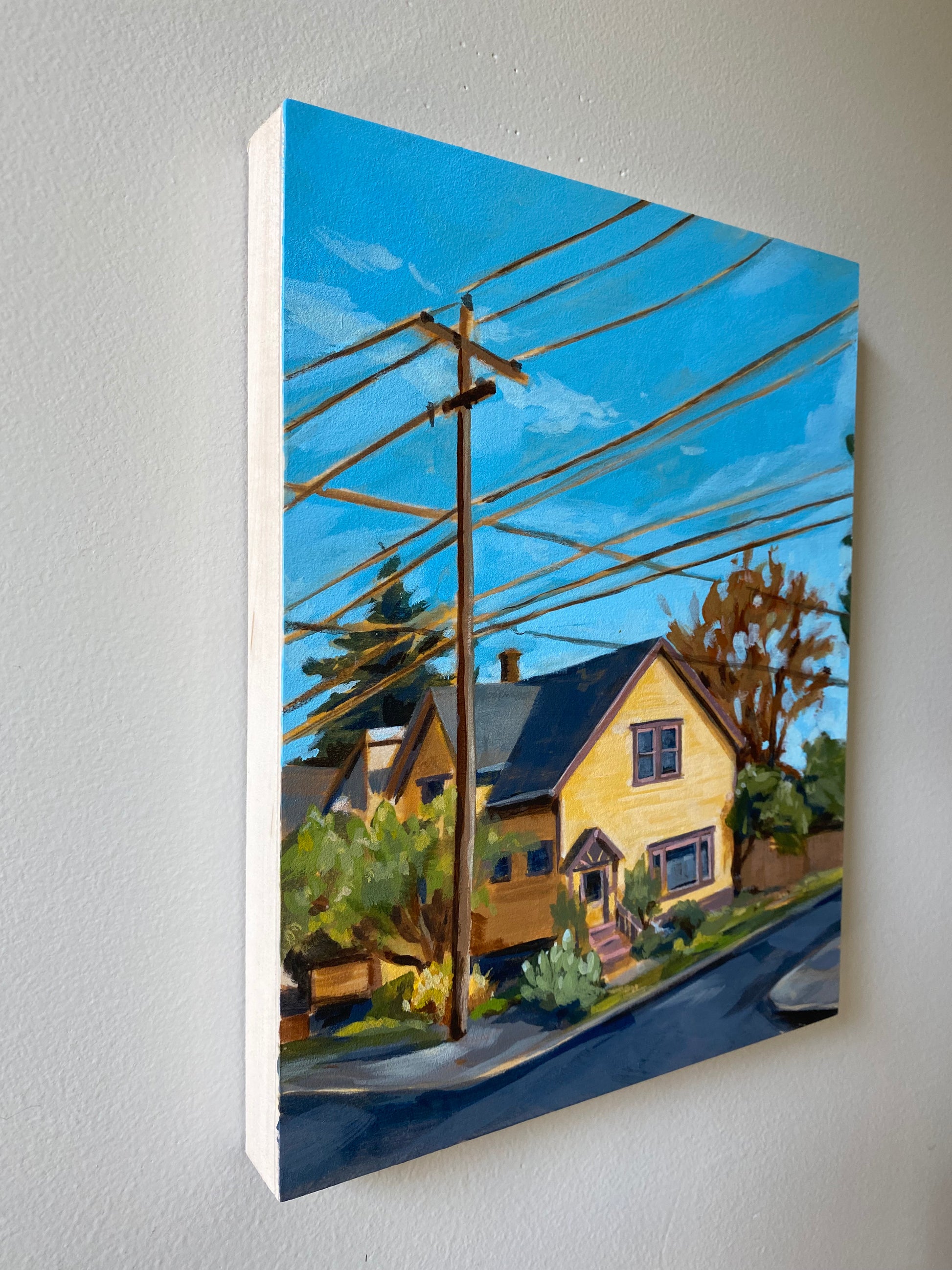 Unframed 8x10 painting of a yellow house in a Portland neighborhood. View from left angle.