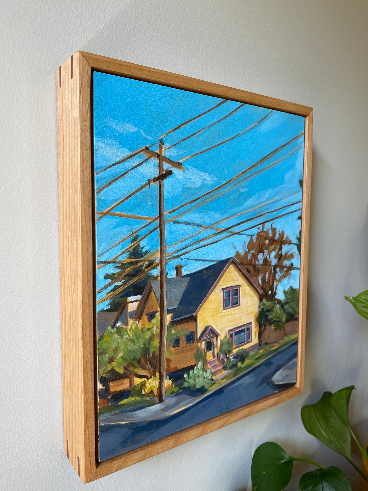 Framed 8x10 painting of a yellow house in a Portland neighborhood.  View from the left angle.
