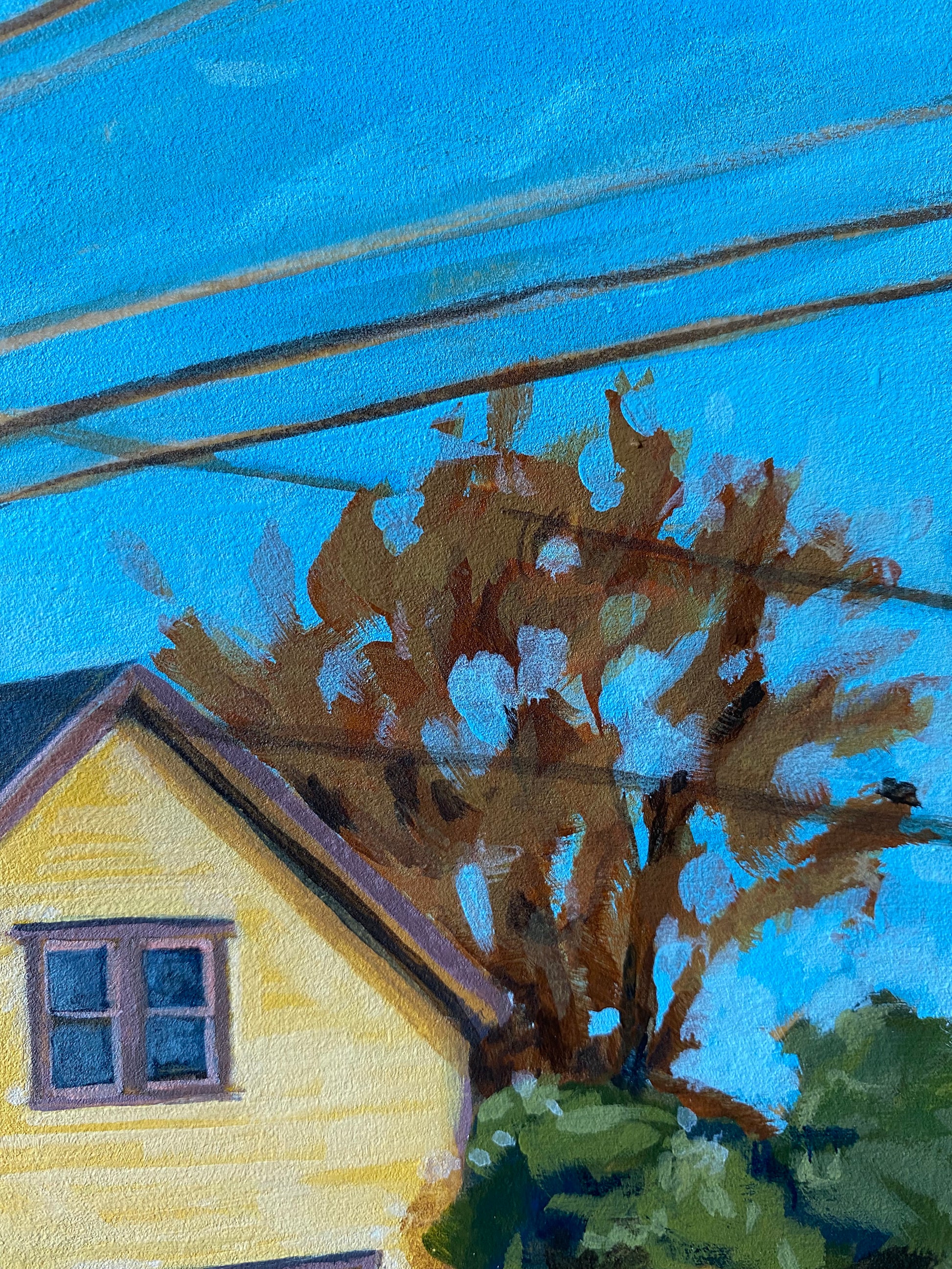 Closeup of 8x10 painting of a yellow house in a Portland neighborhood