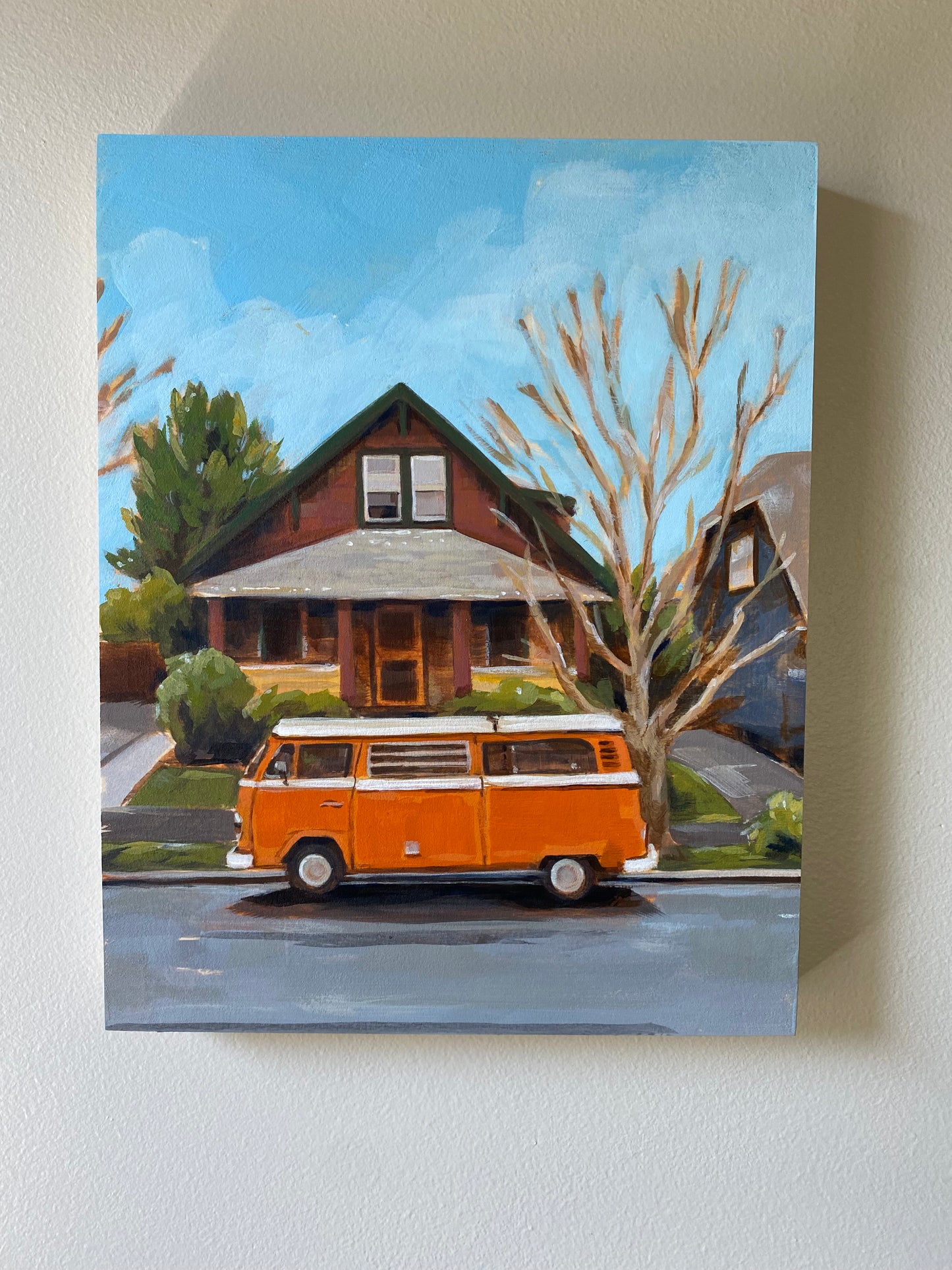 Original painting of orange Volkswagen mini bus 8x10 acrylic art on wood.