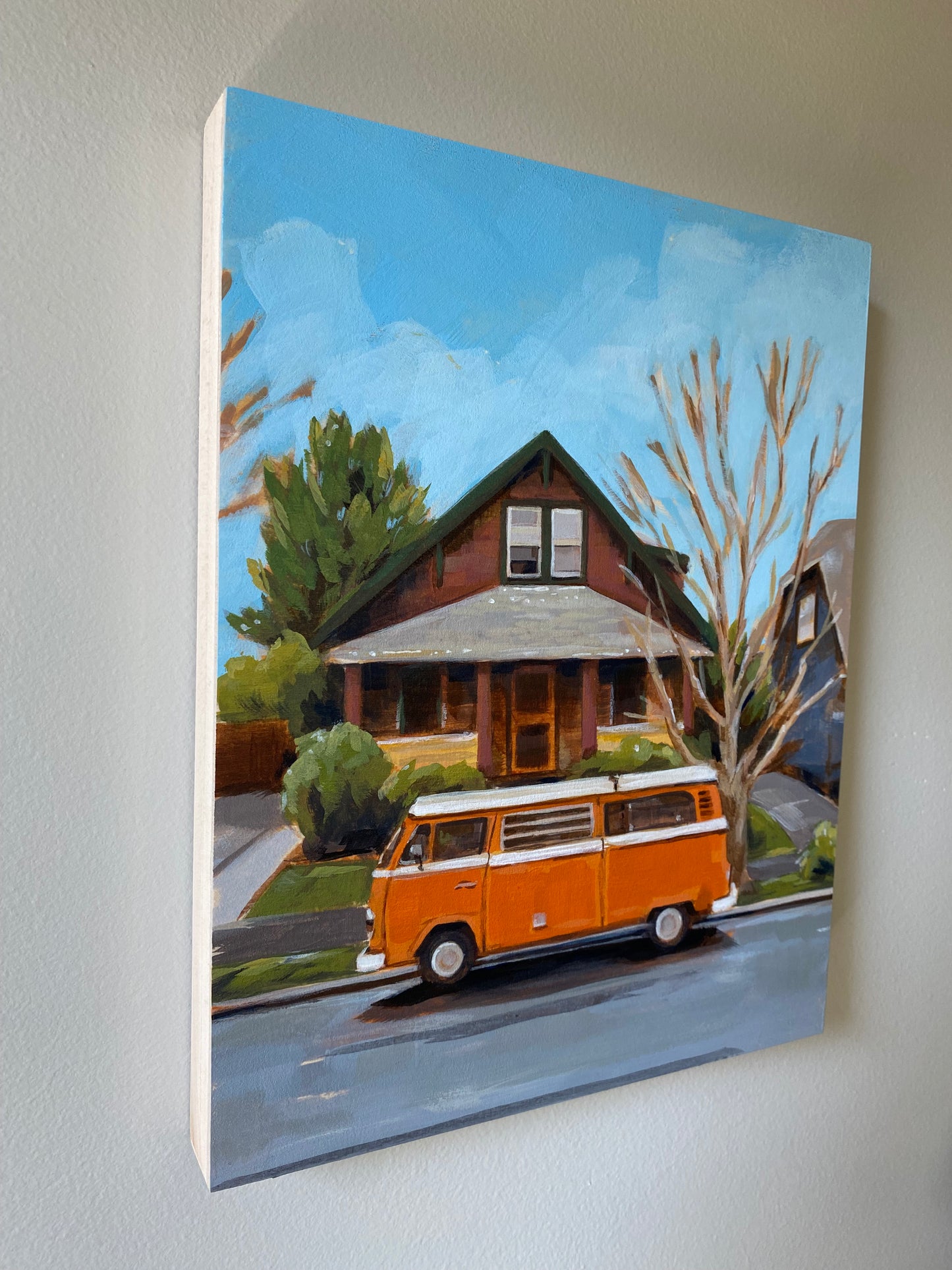 Original painting of orange Volkswagen mini bus 8x10 acrylic art on wood.