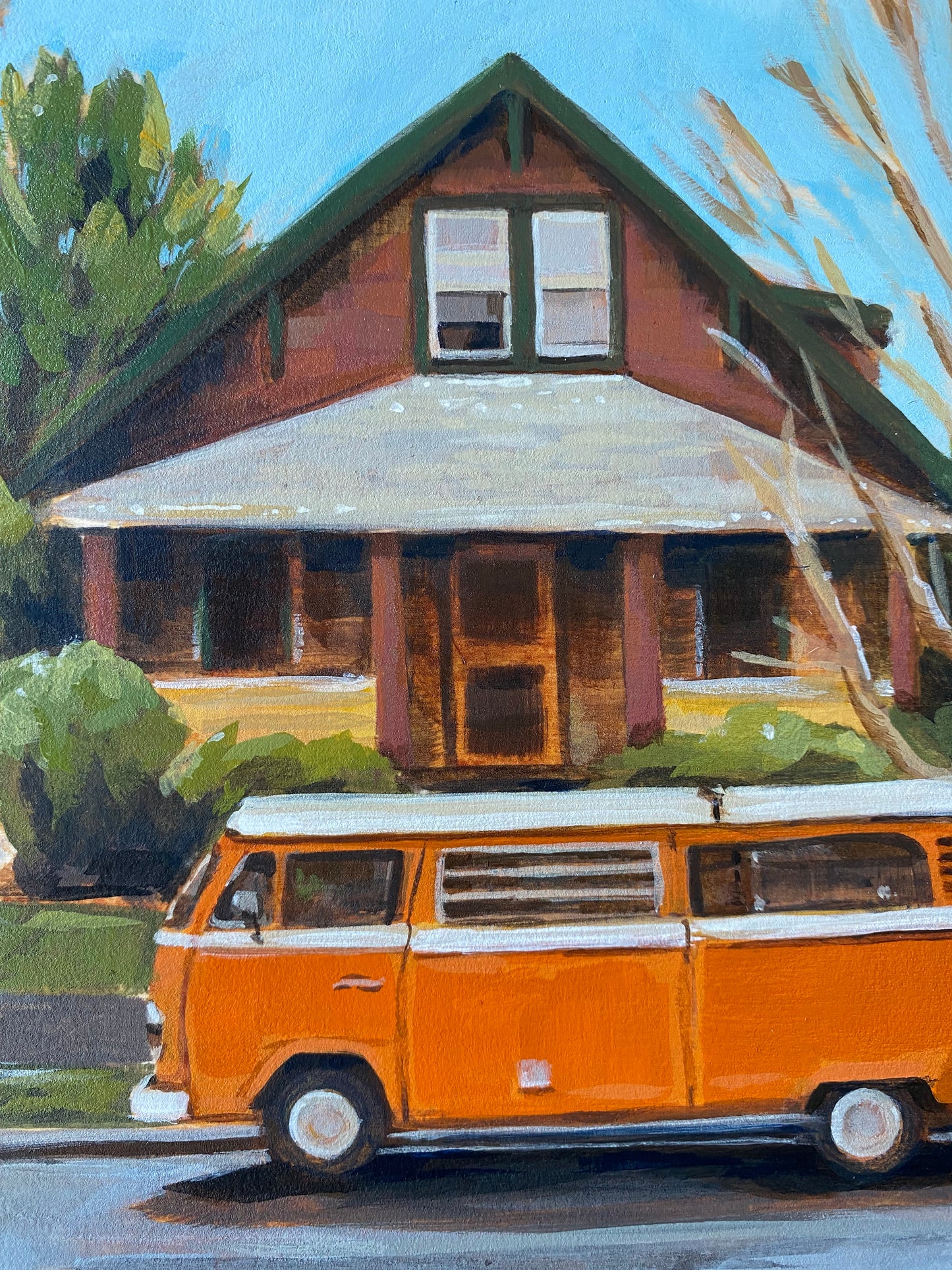 Original painting of orange Volkswagen mini bus 8x10 acrylic art on wood.