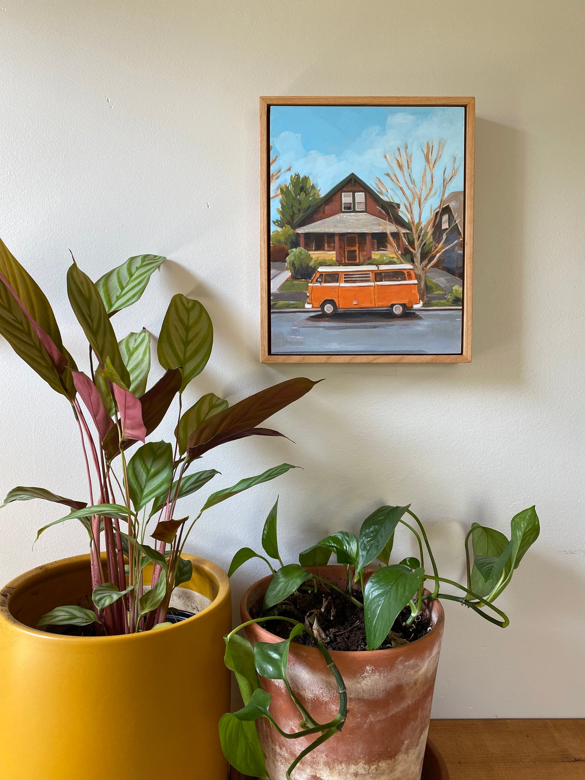 Original painting of orange VW bus 8x10 acrylic art on wood.