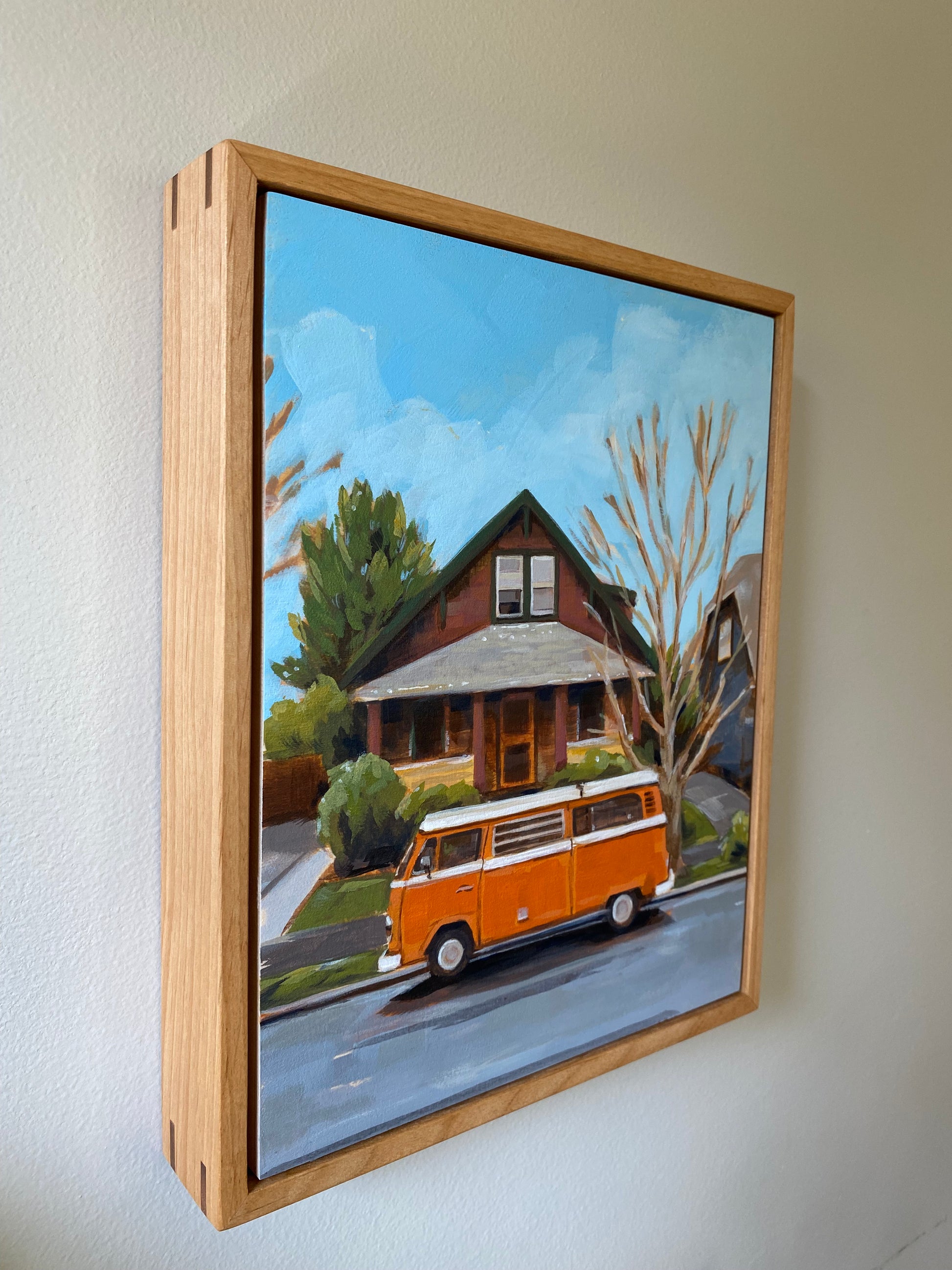 Original painting of orange Volkswagen mini bus 8x10 acrylic art on wood.