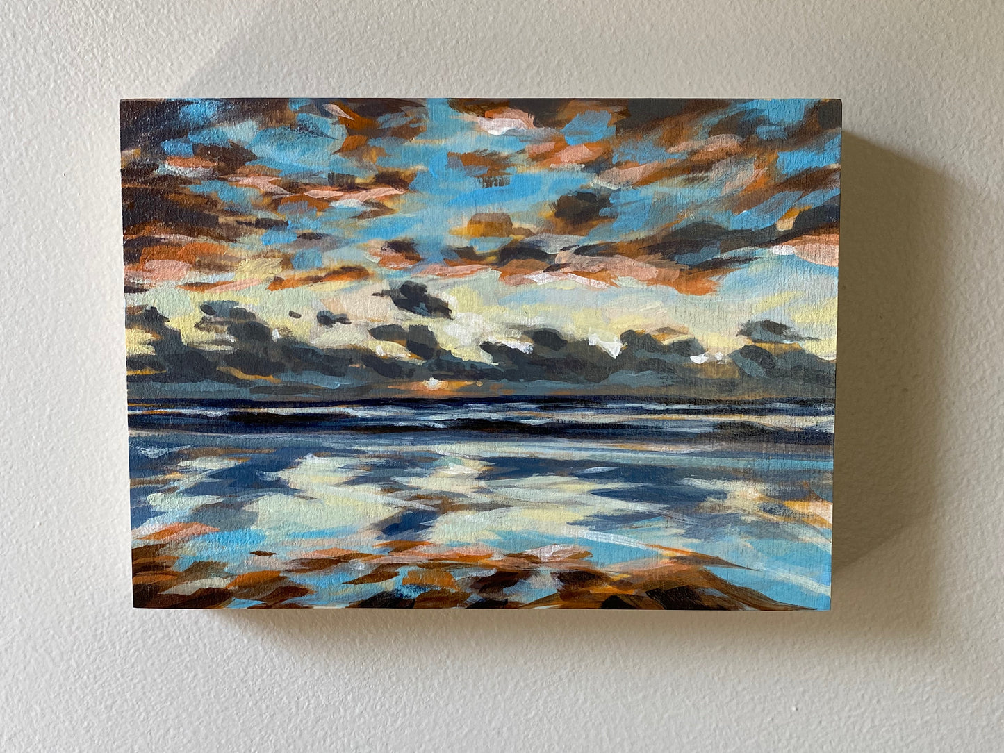 Original 7x5 Acrylic painting of Pacific Northwest Pink Coast Sunset and Clouds. Clouds with blue sky acrylic painting.