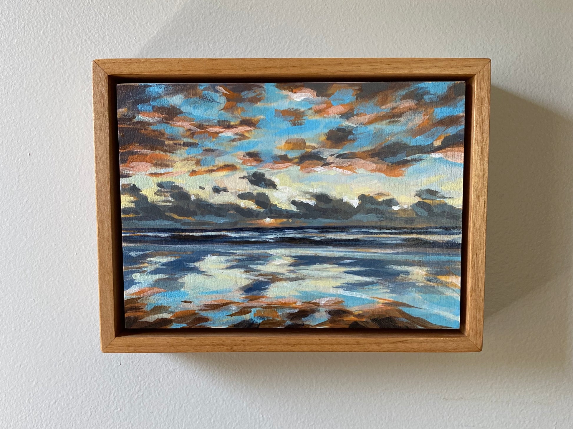 Original 7x5 Acrylic painting of Pacific Northwest Pink Coast Sunset and Clouds. Clouds with blue sky acrylic painting.