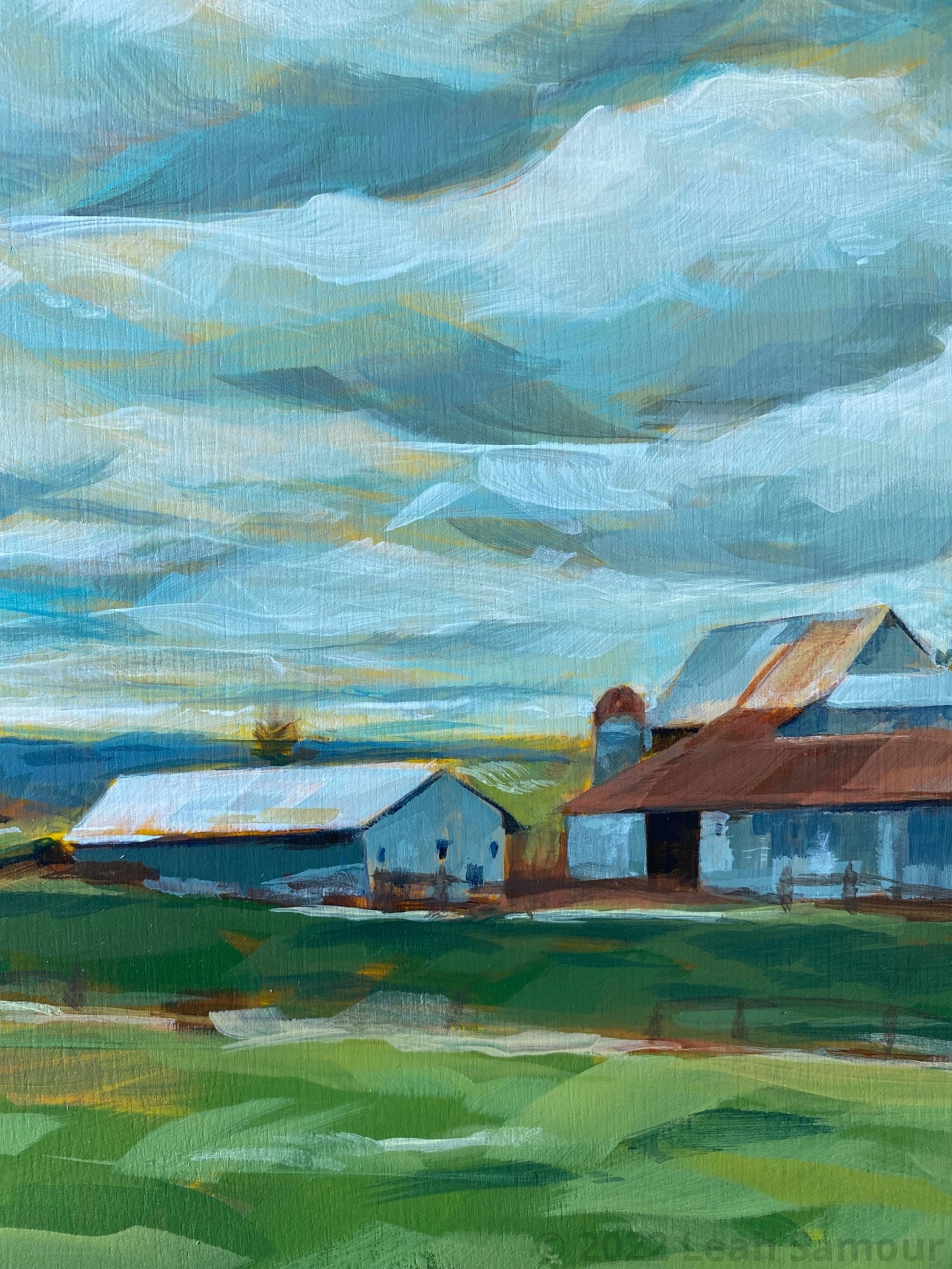Close up of 9x12 original framed art for sale featuring a Barn On The Way To Beach Acrylic Painting Wood Panel