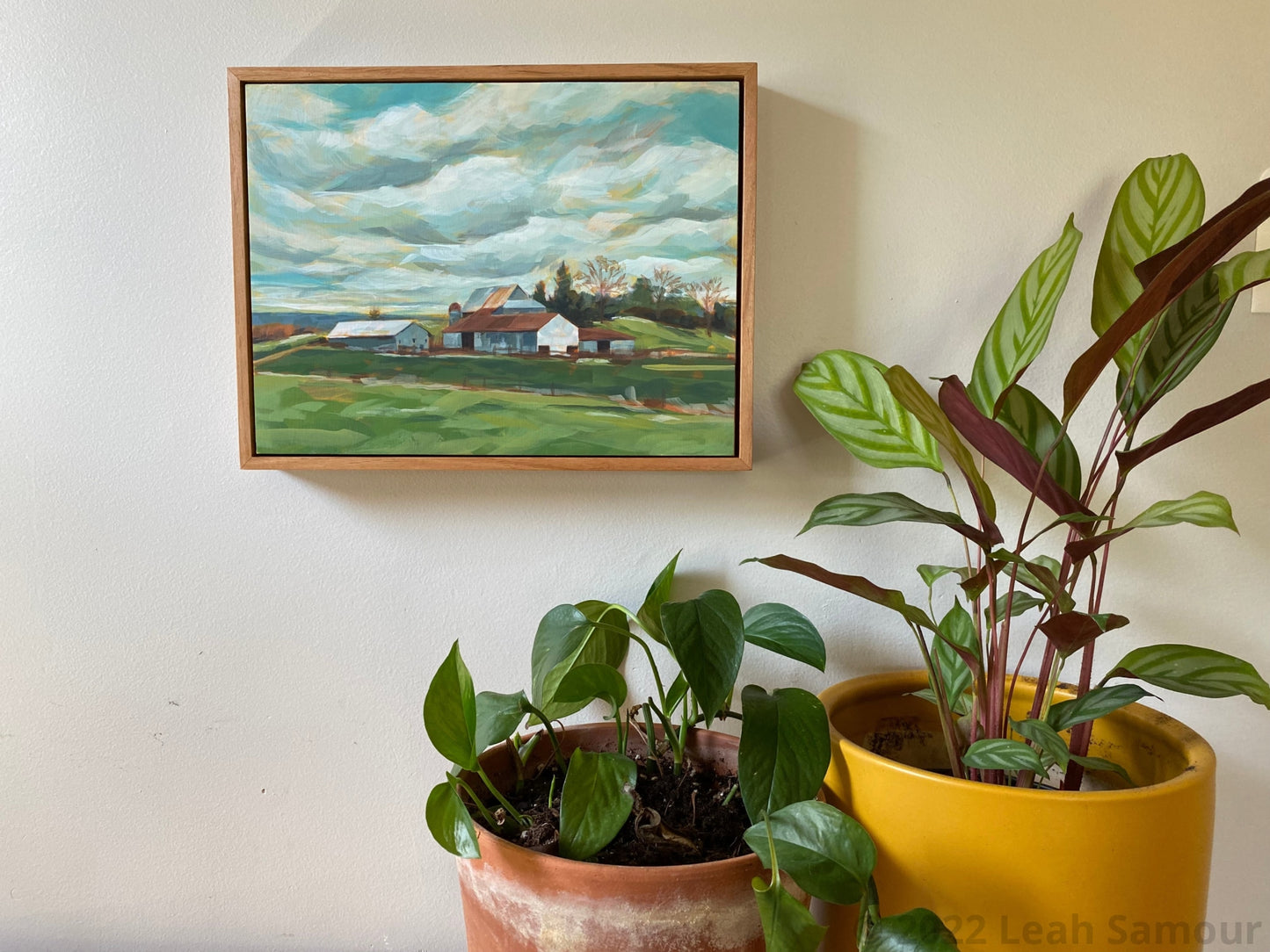 9x12 horizontal original framed art for sale featuring a Barn On The Way To Beach Acrylic Painting Wood Panel