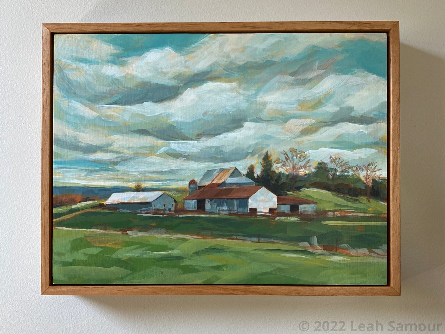 9x12 original framed art for sale featuring a Barn On The Way To Beach Acrylic Painting Wood Panel