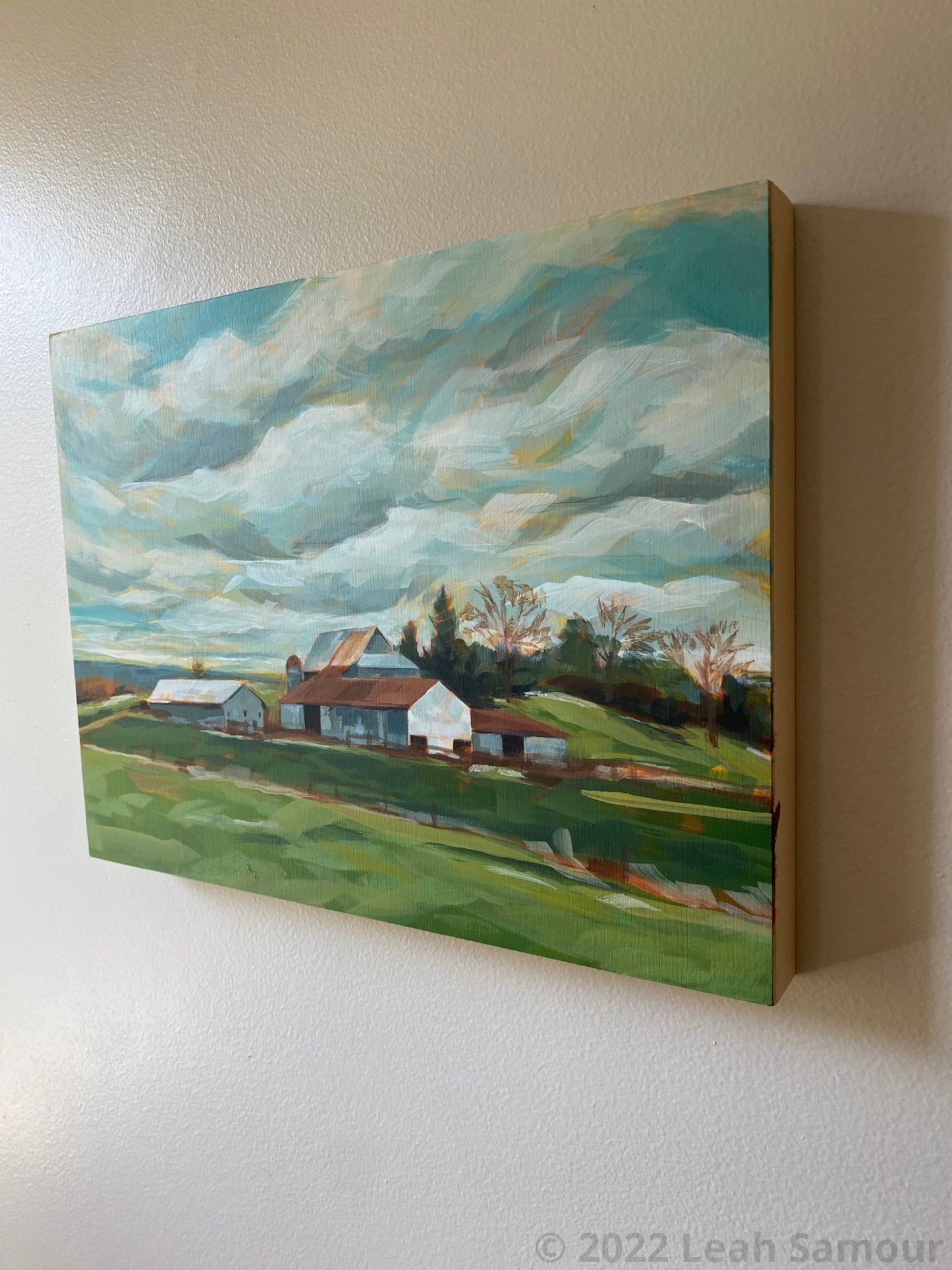 9x12 original framed art for sale featuring a Barn On The Way To Beach Acrylic Painting Wood Panel